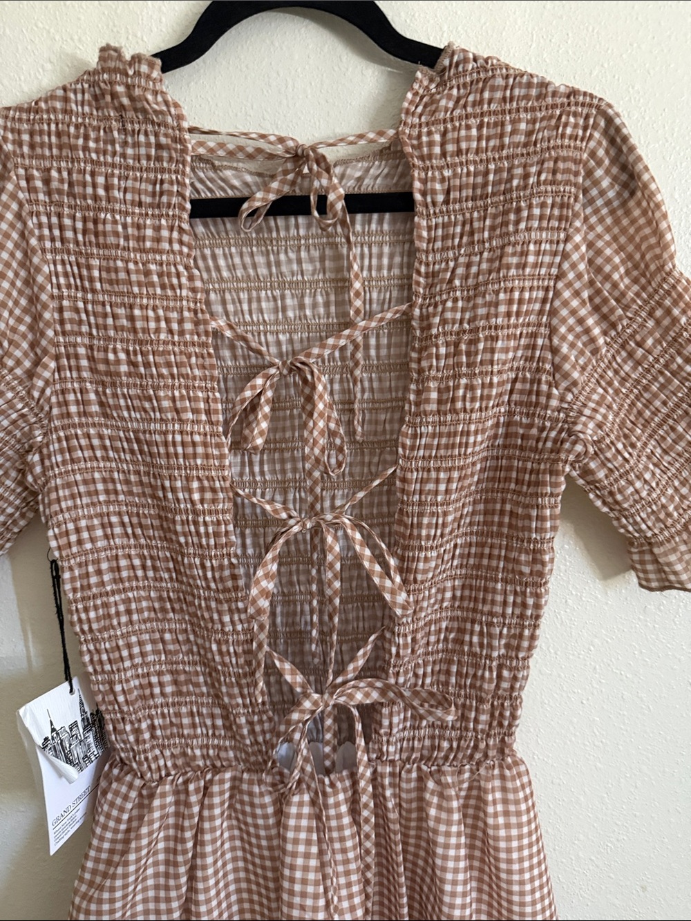 GrandStreet Studios : Gingham Smocked Mini Dress in Brown - Picture 6 of 6
